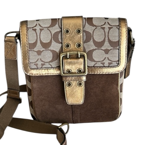Coach Legacy Suede Signature Canvas Bronze Brown Buckle Flap Crossbody Bag 7x8x1 - Picture 6 of 17